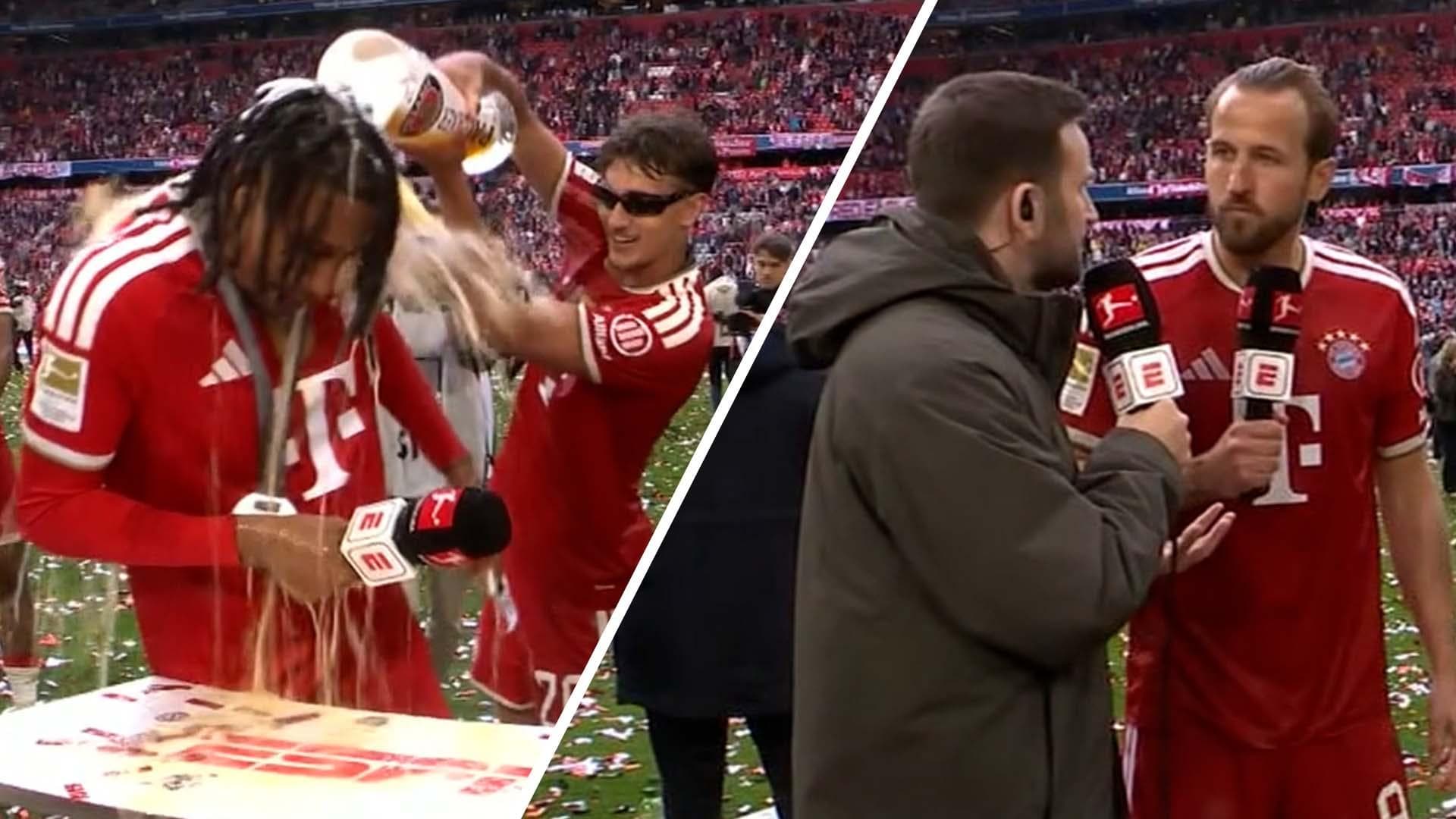 Olise drenched & Kane talks records in Bayern title celebrations